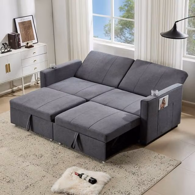 Merax King Size 3-Seater Convertible Sofa Bed in Grey with Pull-Out Drawer and Adjustable Headrest