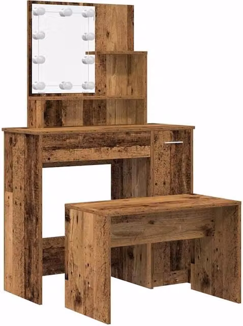 Berkfield Home Hollywood LED Dressing Table Set in Brown Old Wood Finish