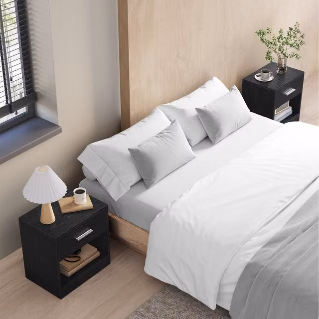 VASAGLE Modern Black Bedside Table with Drawer and Handle