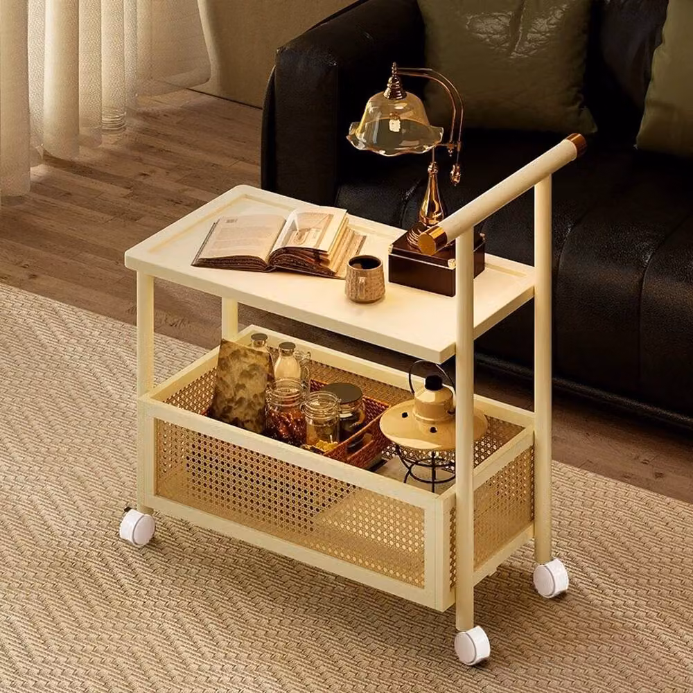 FORGEVIO 2 Tier Rolling Storage Trolley and Sofa Side End Table with Wheels in Beige – 5
