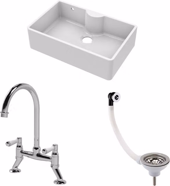 Balterley White Ceramic 1 Bowl Butler Sink with Overflow Ledge, Waste and Mixer Tap, W: 79.5 cm