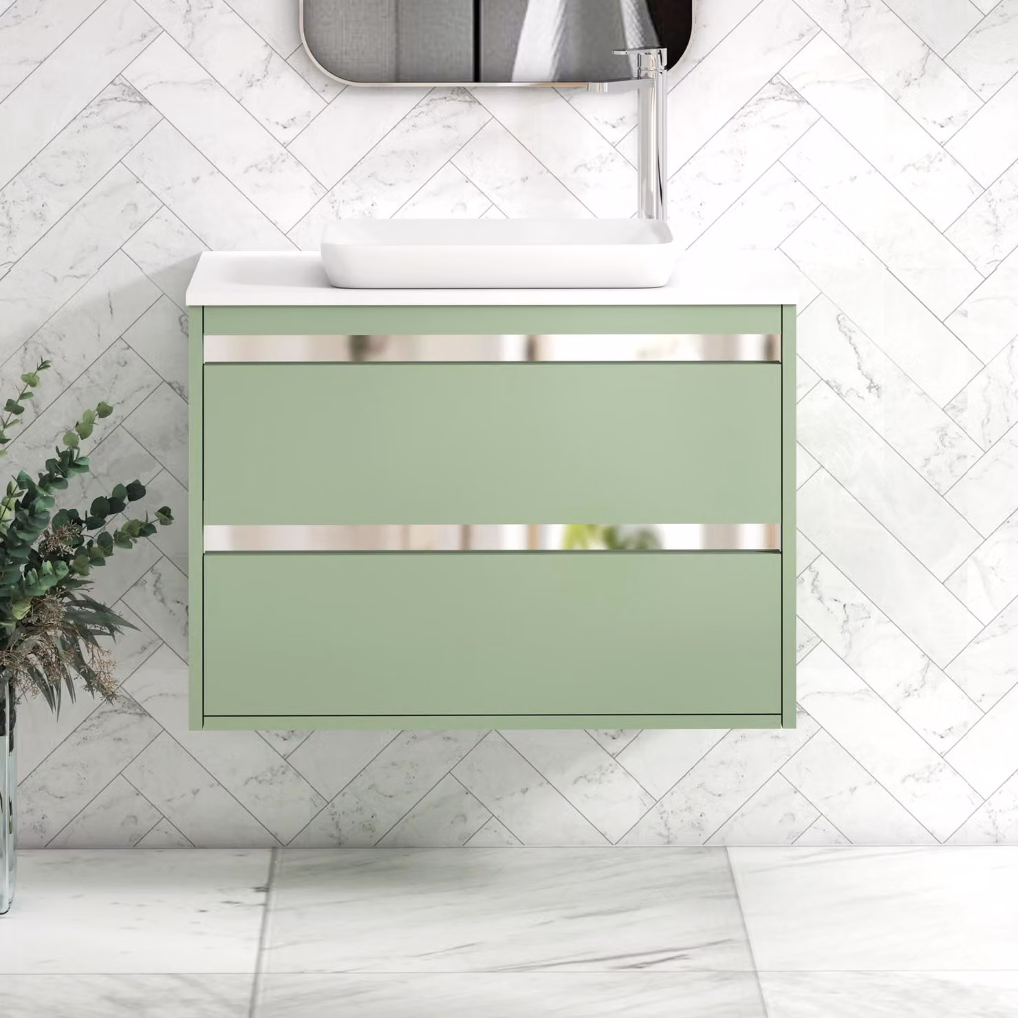 Royal Bathrooms Orion 800mm Wall Hung Vanity Unit with Qubix Basin in Mint Sage and White with 2 Drawers and Chrome Accent Trim