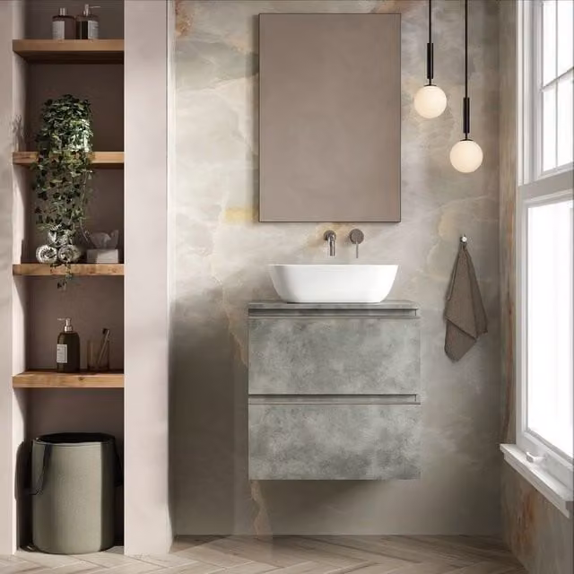 Banyetti Vatilla 600mm Wall Hung Vanity Unit with Matching Worktop in Cemento Grey