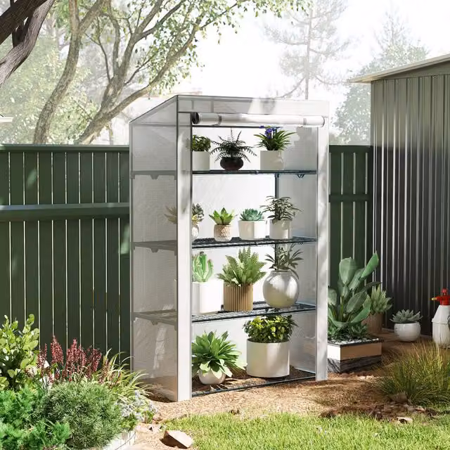 Outsunny 4 Tier Grey Lean-to Mini Greenhouse with PE Cover and Roll-Up Door