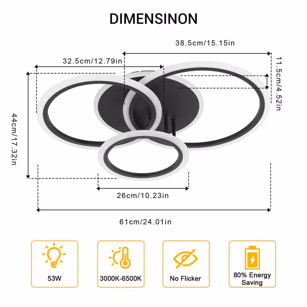 Goeco Modern LED Ring Ceiling Light, Dimmable Acrylic Flush Mount Fixture with Remote Control, Black – 3