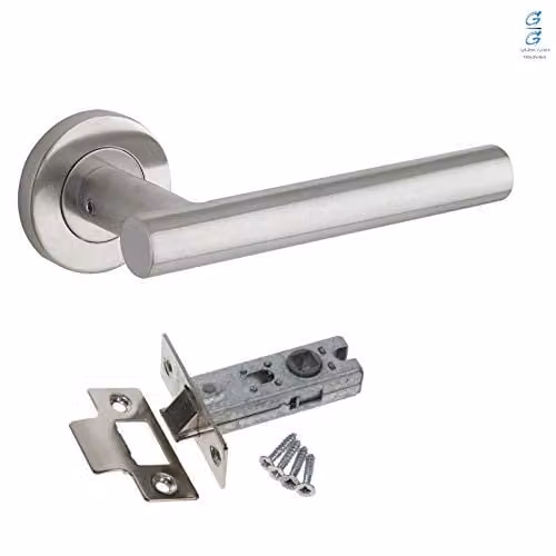 Golden Grace Brushed Steel Straight T-Bar Door Handles and Latch Set, Silver