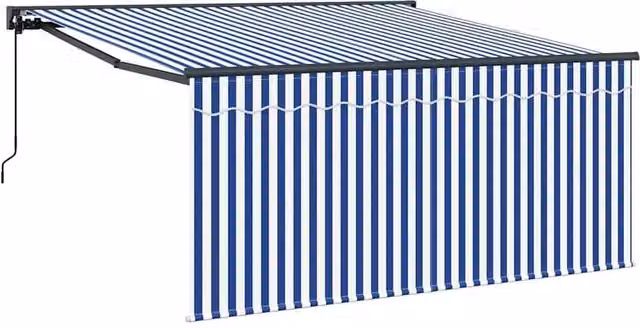 Berkfield Home Manual Retractable Striped Awning in Blue and White, W: 350 cm, D: 250 cm – 1