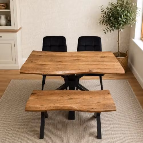 Kosy Koala 4 Seater Dining Set with X-Frame Rustic Brown Wooden Effect Table, 2 Black Velvet Chairs and Bench, W/D/H: 117 x 77 x 75 cm – 1