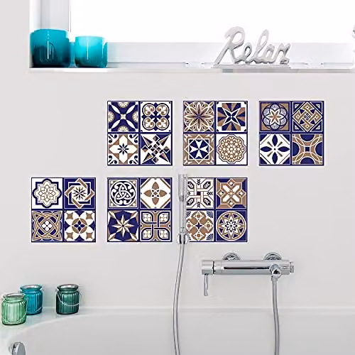 Walplus Royal Tiles Removable Self-Adhesive Wall Stickers, Mediterranean Geometric Vinyl Decals, 12 pcs, W/D/H: 20 x 20 x 20 cm – 1