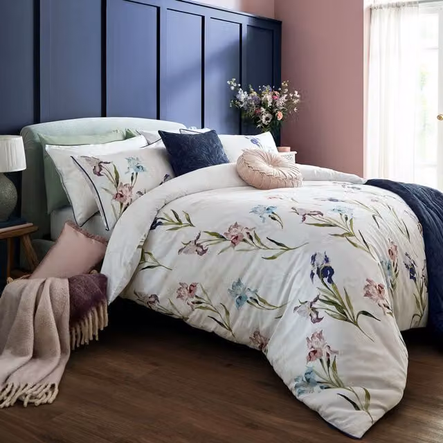 Laura Ashley Hawling Irises Reversible Floral Cotton Mako Satin Duvet Cover and Pillowcase Set in Purple, Blue and White