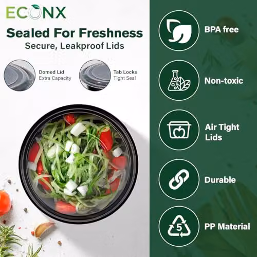 ECONX 10 Pack Round Plastic Meal Prep Containers with Airtight Lids, 24oz, Black – 7
