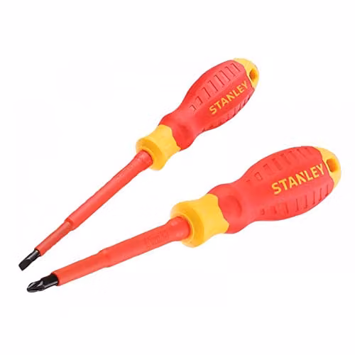 Stanley FatMax VDE Insulated Pozidriv and Slotted Screwdriver Set, 2 Piece, Red and Yellow