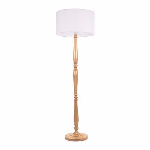 ValueLights Traditional Light Wood Candlestick Floor Lamp with White Fabric Drum Shade and Included LED Bulb – 1