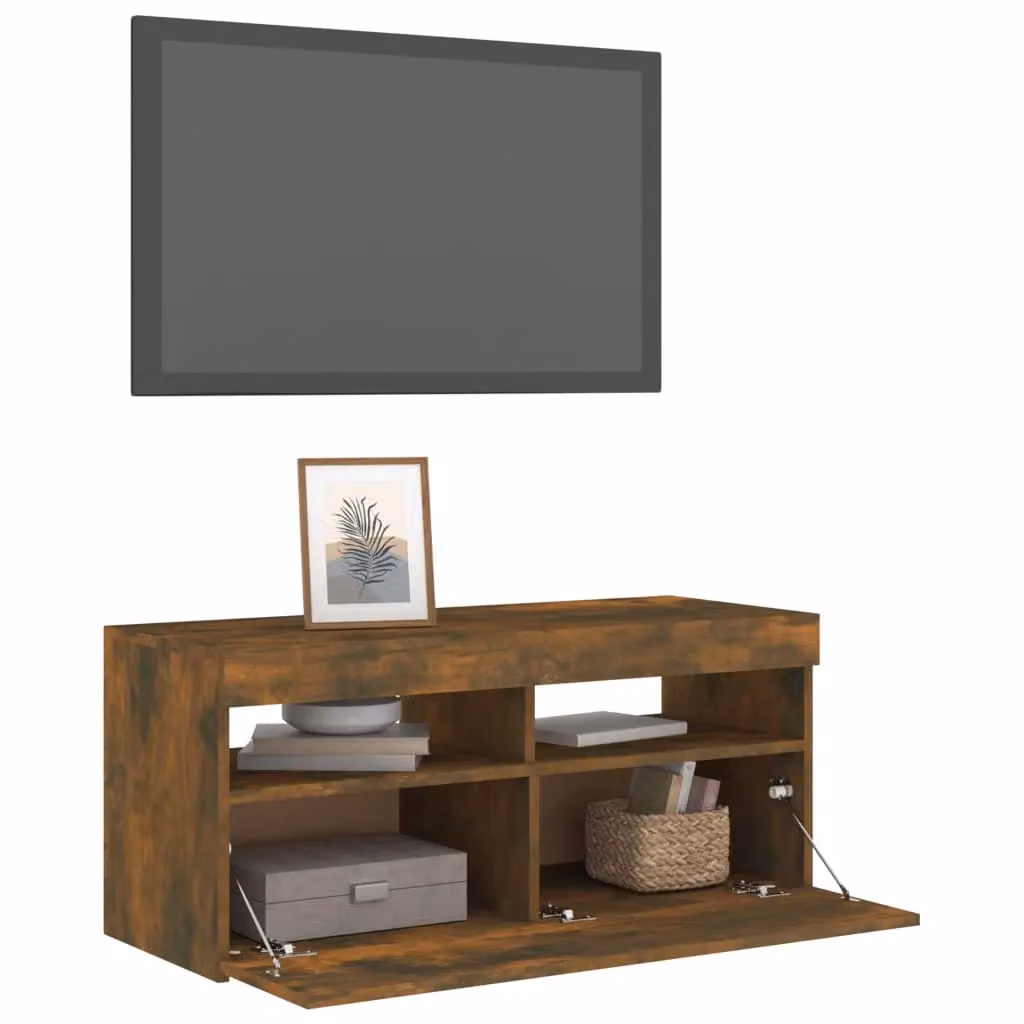 Berkfield Home Modern TV Cabinet with LED Lights in Smoked Oak Brown, W/D/H: 90 x 35 x 40 cm – 3