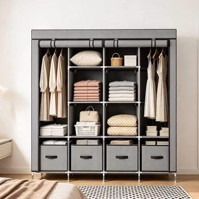 FORGEVIO Large Grey Fabric Canvas Wardrobe with Integrated Drawers and Hanging Rod – 1