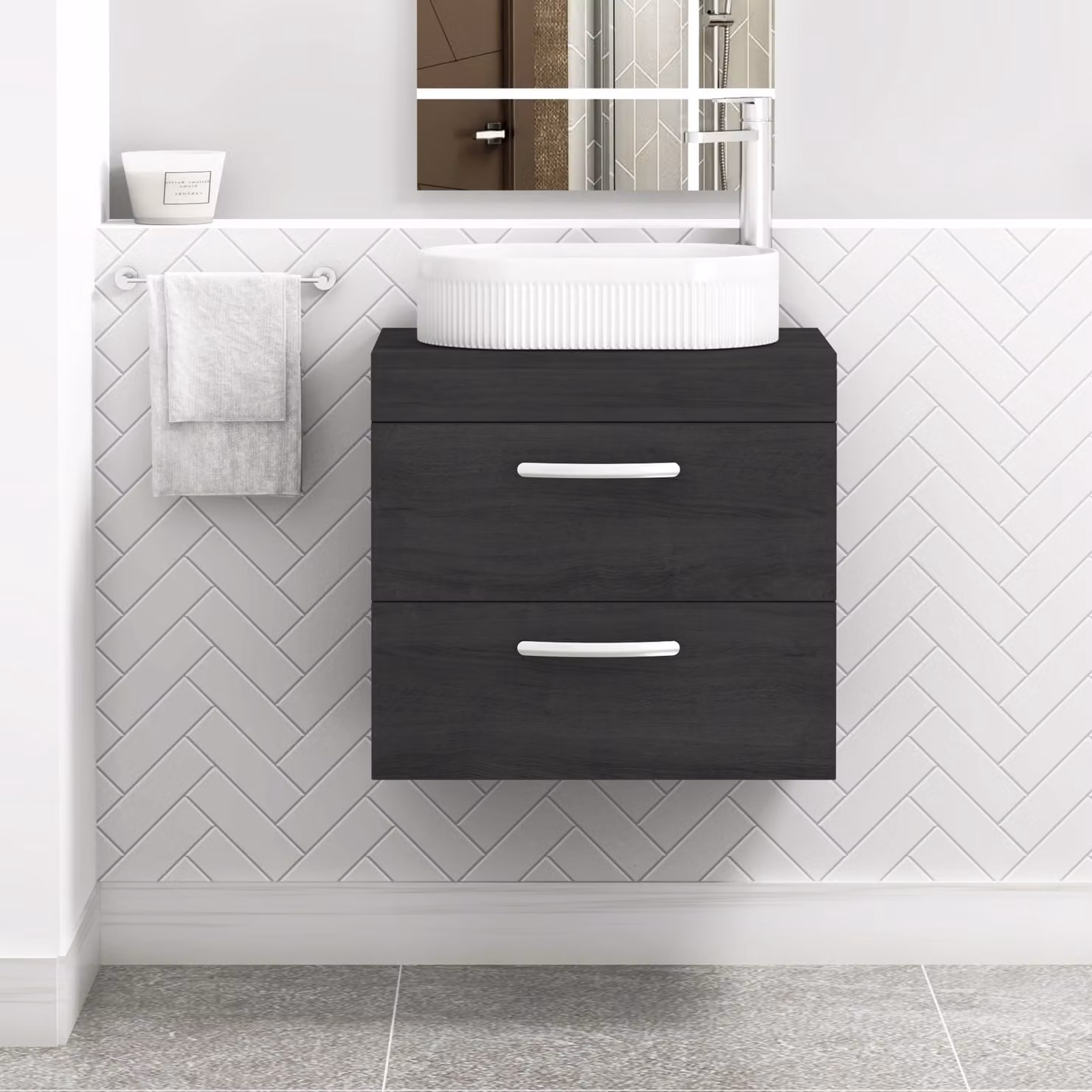 Royal Bathrooms Turin 500mm Wall Hung Vanity Unit with 2 Drawers and Lyon Countertop Basin in Matt Hale Black