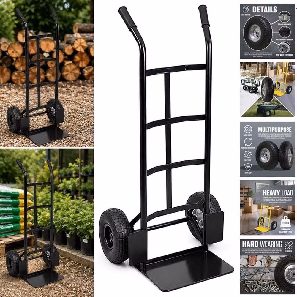FLAVORA Black Pneumatic Rubber Wheel Barrow Sack Truck with 2 x 10 inch Wheels, W: 52 cm, H: 1000 cm – 4