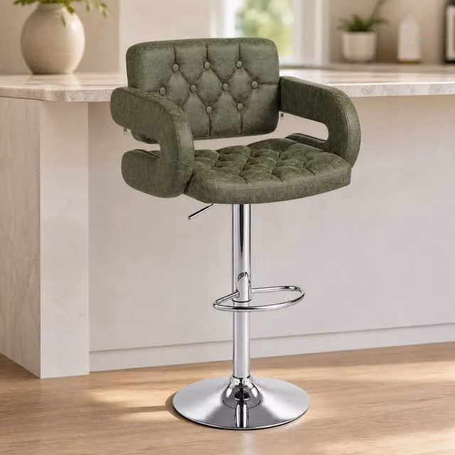 STILVORA Height Adjustable Swivel Bar Stool in Green Synthetic Leather with Armrests
