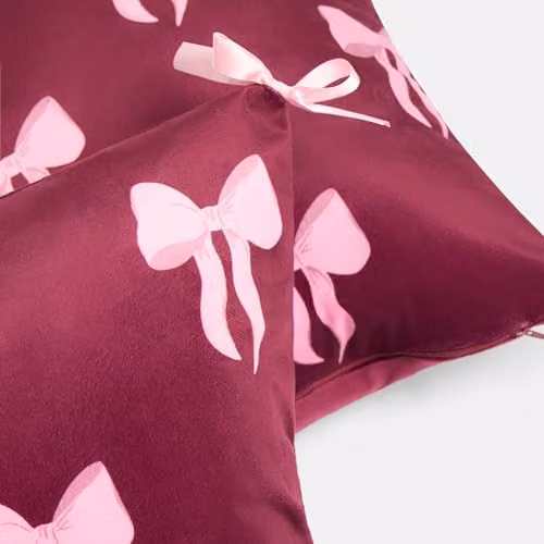 OHS Set of 2 Matte Velvet Bow Print Square Cushion Covers, Red, W/D/H: 45 x 45 x 45 cm – 2