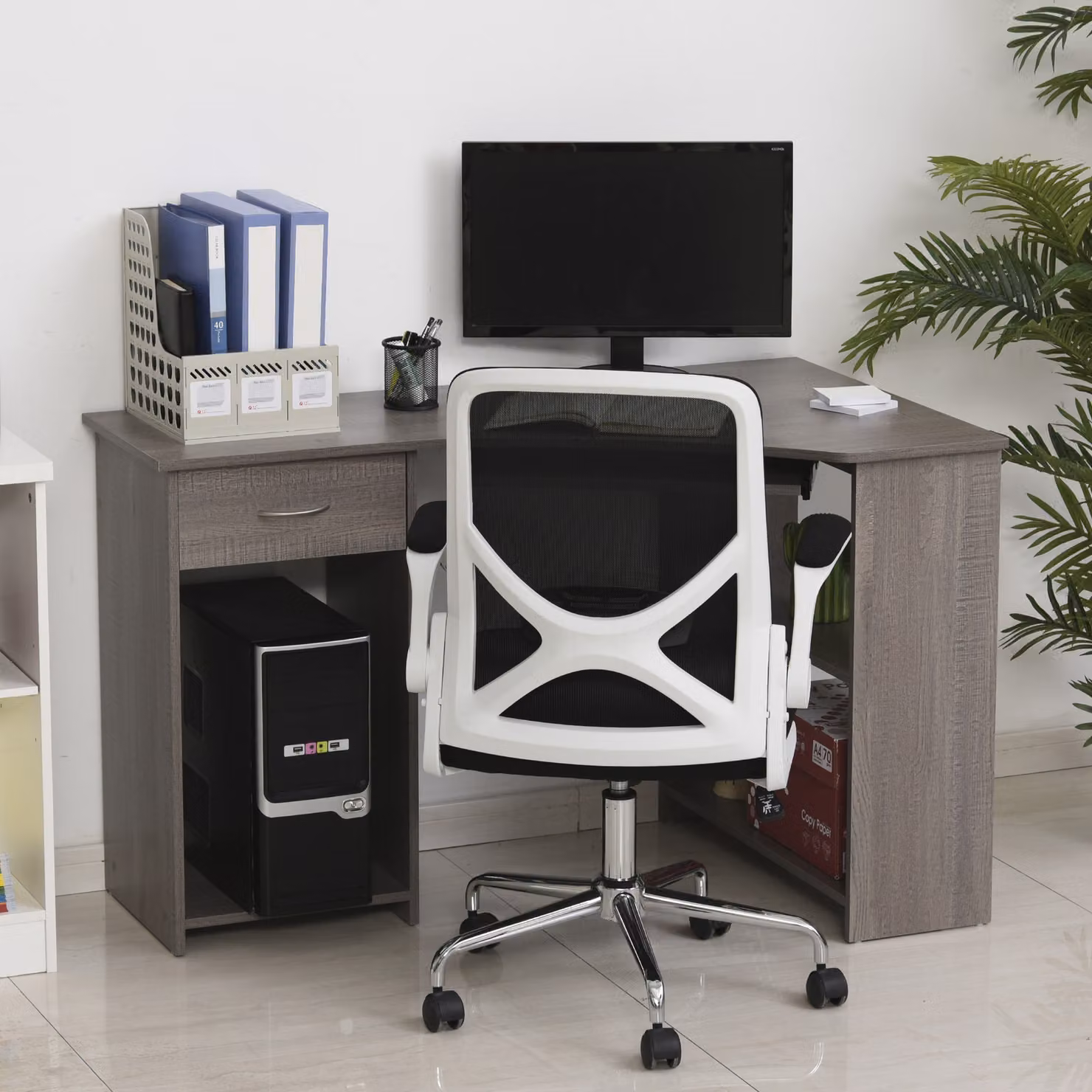 HOMCOM L-Shaped Corner Computer Desk with 2 Shelves, Keyboard Tray, Drawer and CPU Stand in Grey – 7