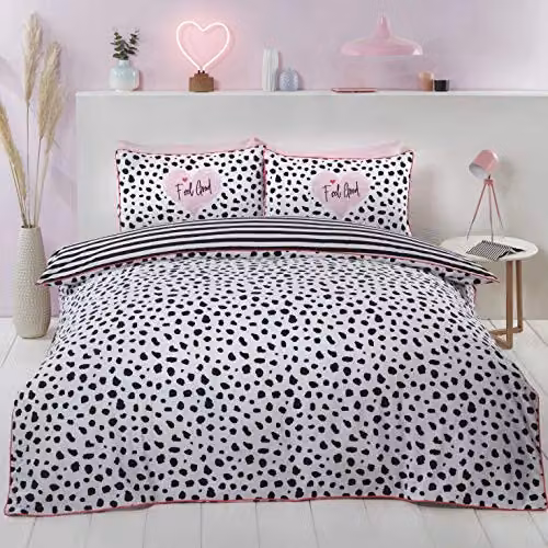 Rapport Home Dalmatian Black and White Piped Edged Double Duvet Cover and Pillowcase Set, W/D/H: 200 x 200 cm and 50 x 75 cm