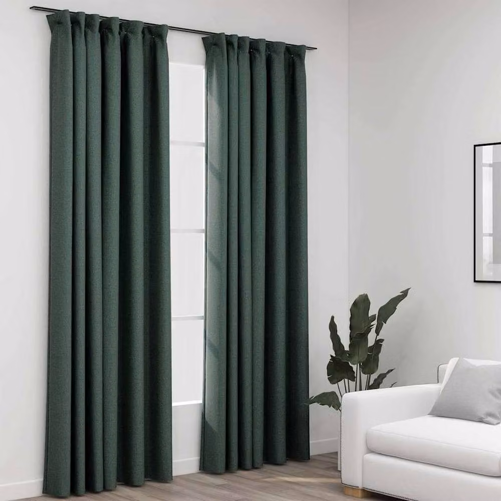Berkfield Home Linen-Look Blackout Curtain Panels with Hooks, Green, W: 140 cm, H: 245 cm, 2 Pack – 1