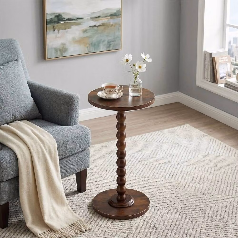 KORVIXA Walnut Round Vintage Wooden Side Table and Nightstand in Brown, Height: 100 cm – 3