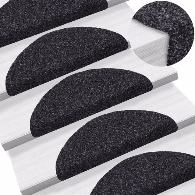 Berkfield Home 15 Piece Self-adhesive Needle Punch Stair Mats, Black, W/D/H: 56 x 17 x 3 cm