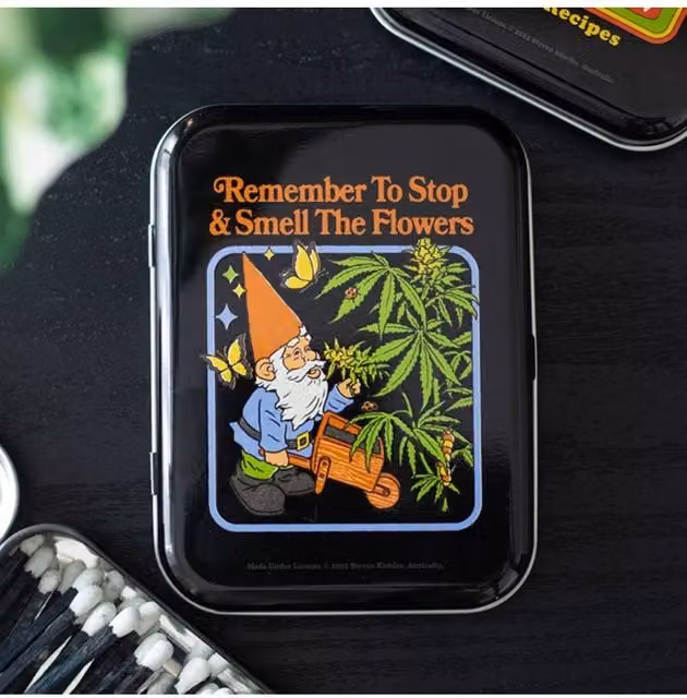 KDMD Smell the Flowers Gnome Stash Tin by Steven Rhodes, Black Discreet Storage Tin