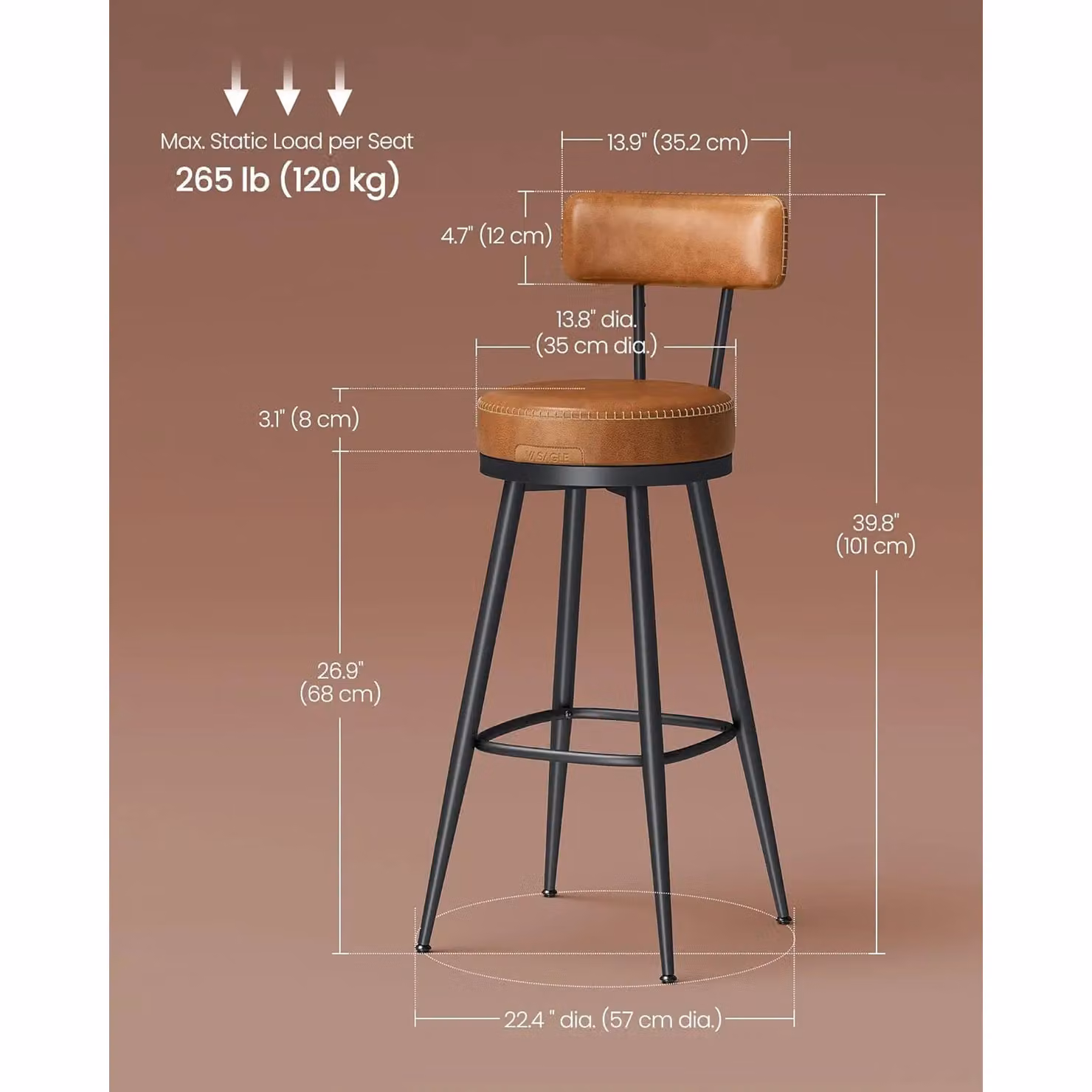 VASAGLE Set of Two Brown Synthetic Leather Swivel Bar Stools with Backs – 2
