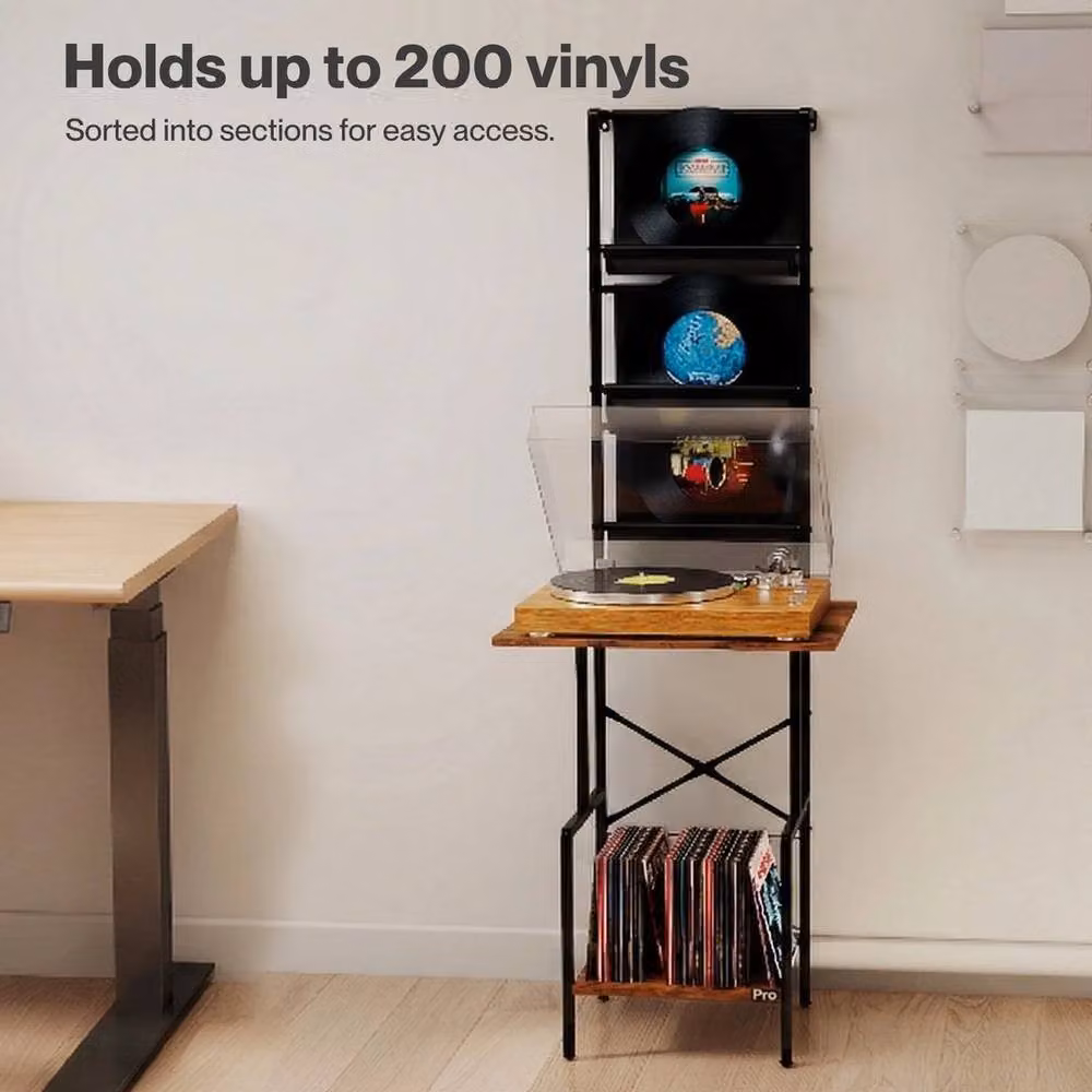 Kelvenix Industrial Brown Wood Record Player Stand and Media Storage Shelf – 4