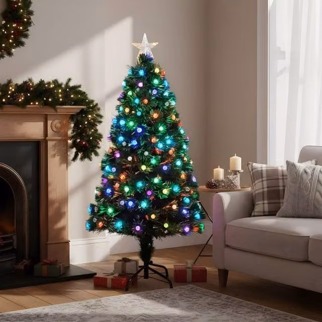 Shatchi Diamonds Fibre Optic LED Pre-Lit Christmas Tree in Green with Multicolour Effect, Height: 180 cm