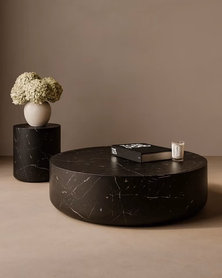 Tommy Franks Ciladro Round Coffee Table in Black Faux Marble, W: 110 cm, D: 110 cm, H: 31 cm
