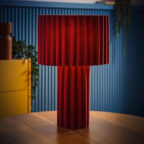 ValueLights Lenny Burgundy Red Ribbed Fabric Drum Table Lamp with LED Bulb – 2