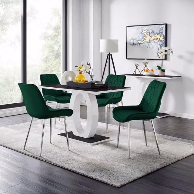 FurnitureboxUK Giovani Black Glass Dining Table and Four Green Pesaro Upholstered Chairs with Silver Legs, W/D/H: 120 x 70 x 70 cm