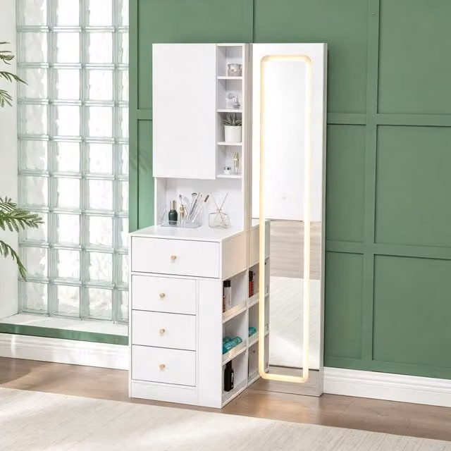 WestWood Modern LED Full Length Mirror Dressing Table with Storage Drawers, White, W: 80 cm, D: 39 cm, H: 160 cm