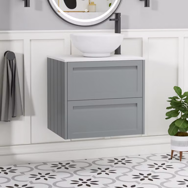 Royal Bathrooms Elmore 600mm Wall Hung Countertop Vanity Unit with 2 Drawers and Breeze Basin in Matt Pebble Grey