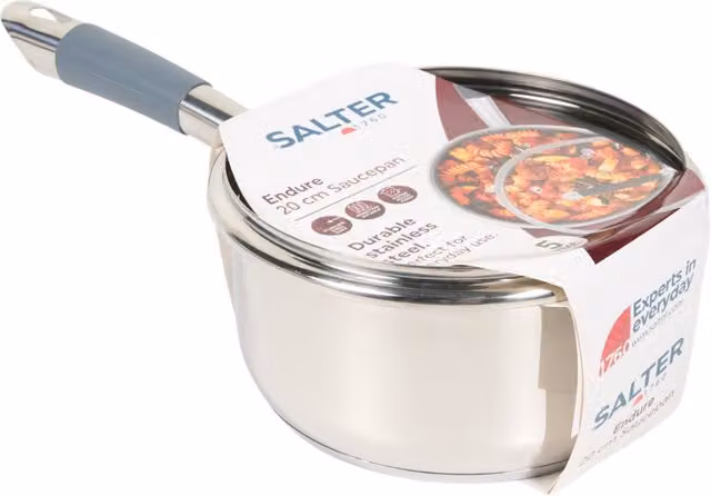 Salter Silver Uncoated Saucepan with Glass Lid, 20 cm
