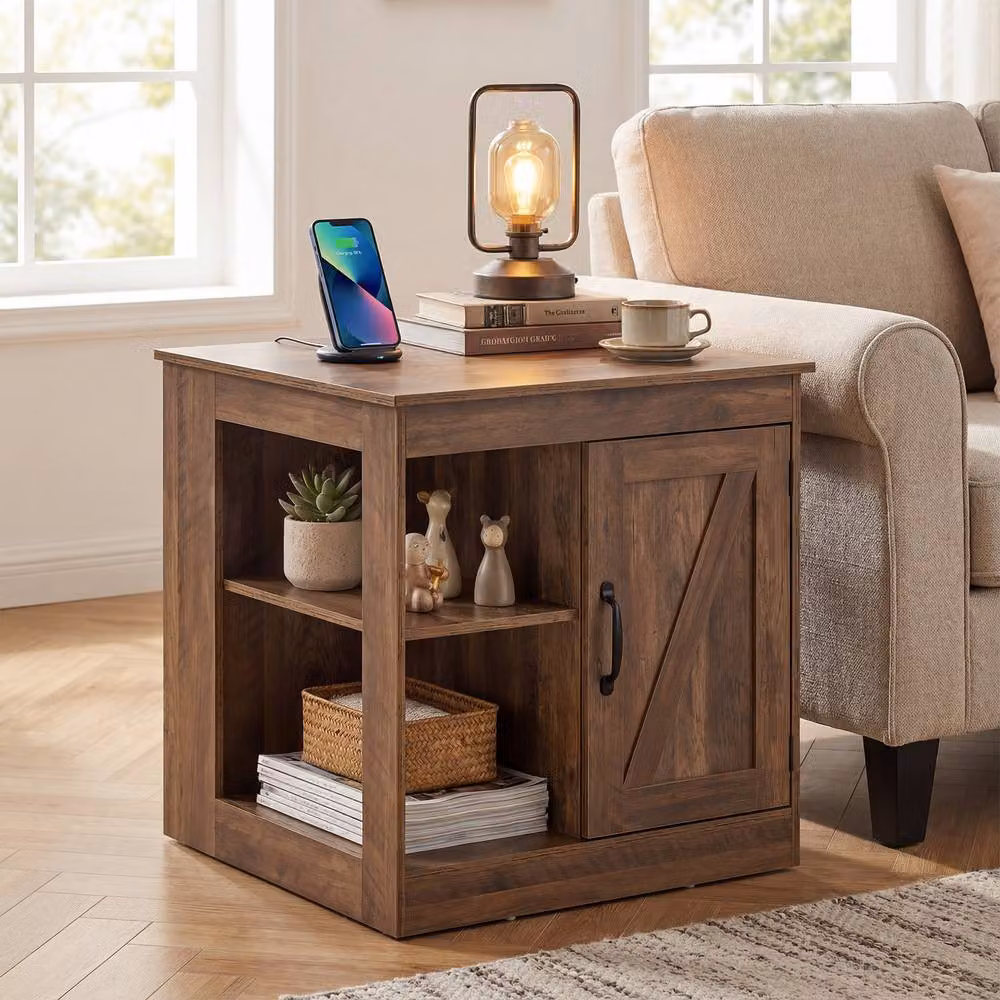 Costway Farmhouse Wooden Nightstand with Charging Station in Brown – 3
