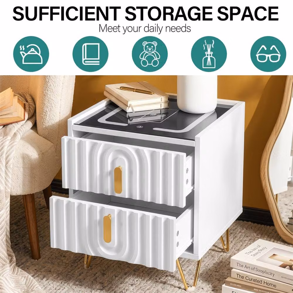 SPETLEK Modern White Glossy LED Bedside Table with Drawers and Integrated Lighting – 2