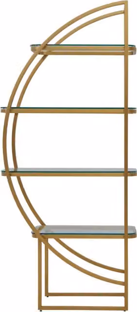 Orsina Left Half Moon Shelf Unit in Matt Gold with Four Transparent Glass Shelves