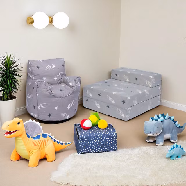 Ready Steady Bed Shooting Stars Printed Kids Bean Bag Armchair and Folding Z Bed Mattress in Grey