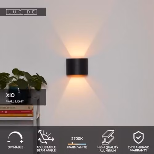 Lucide XIO Modern Black Aluminium Up and Down Dimmable LED Wall Light with Adjustable Beam Angle and Warm White G9 Bulb – 2