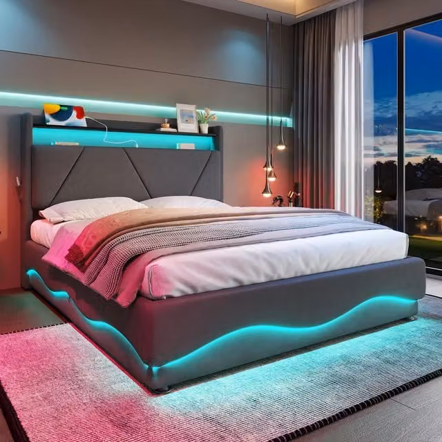 Aosom UK Upholstered Velvet Bed Frame with Under-Bed Storage, Wavy LED Lighting and USB Ports, Dark Grey, W: 143 cm, D: 211 cm, H: 115.5 cm – 1