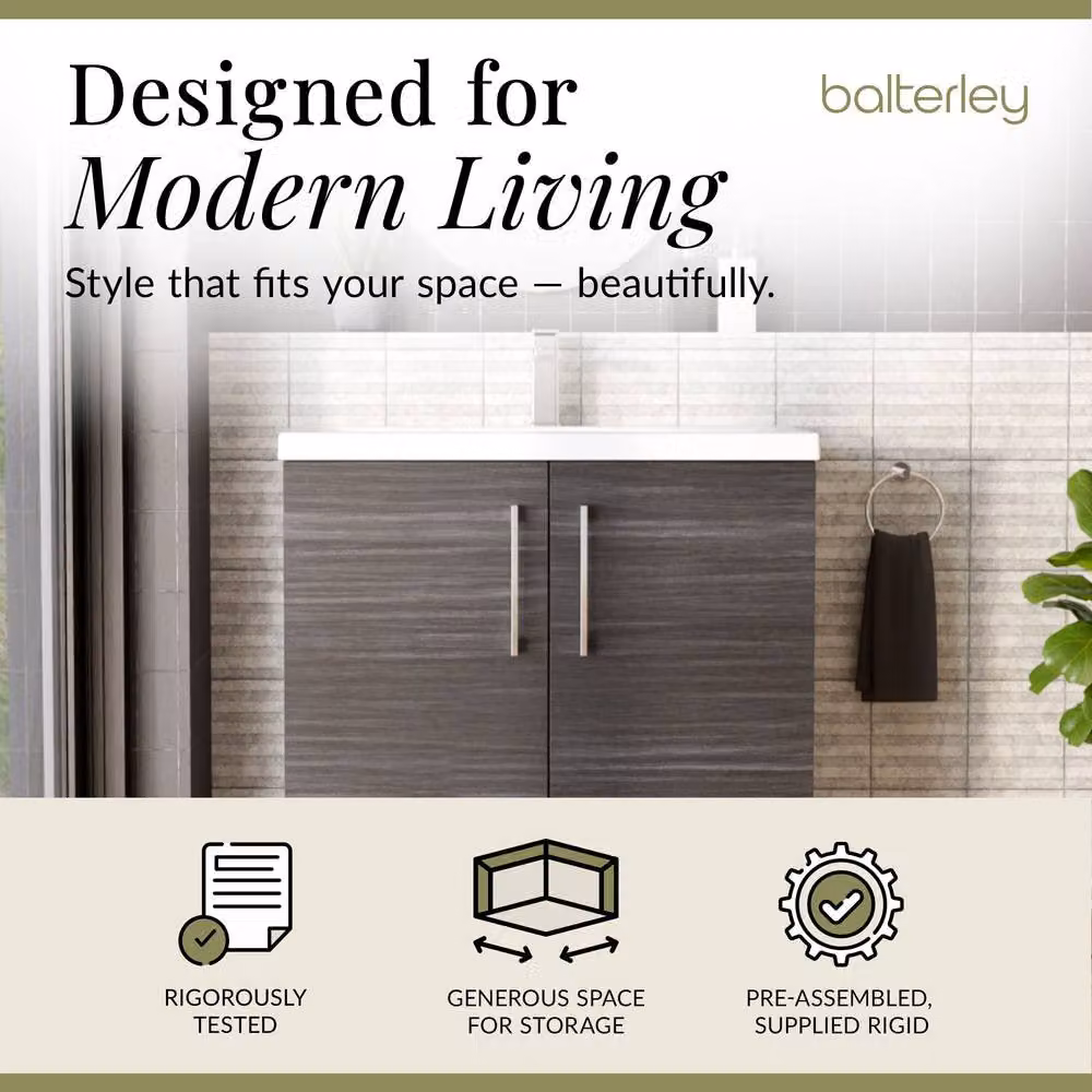 Balterley Contemporary Floor Standing Bathroom Vanity Unit with Mid-Edge Ceramic Basin, Anthracite Woodgrain Grey, W/D/H: 800 x 39 x 84 cm – 2