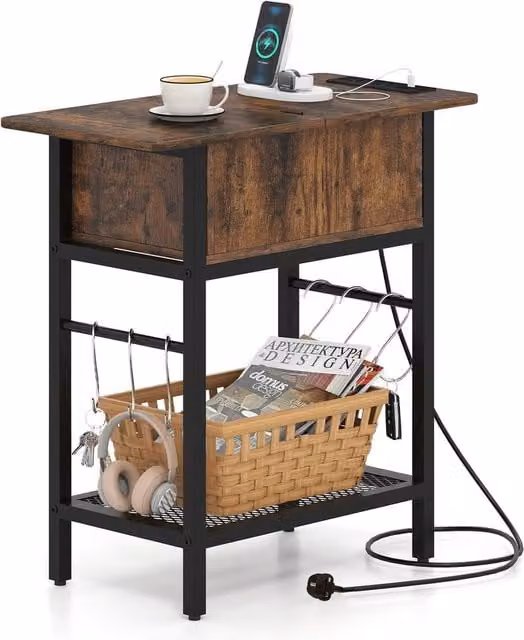 Gymax Industrial Slim End Table Nightstand with Charging Station and Shelf Hooks in Brown – 1