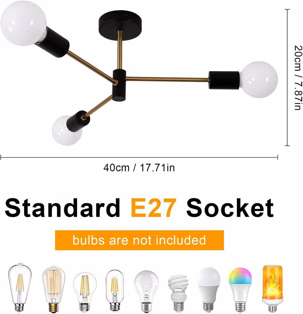 Goeco Industrial Metal Sputnik Ceiling Light, 3 x E27 Dimmable LED Lights, Black and Gold/Brass – 2