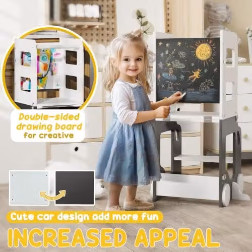 AIYAPLAY 4 in 1 Toddler Learning Tower Step Stool with Chalkboard in Grey and White – 6