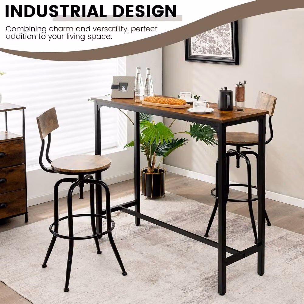 Costway Brown Industrial Bar Table with Footrest and Steel Frame, Width: 120 cm – 7