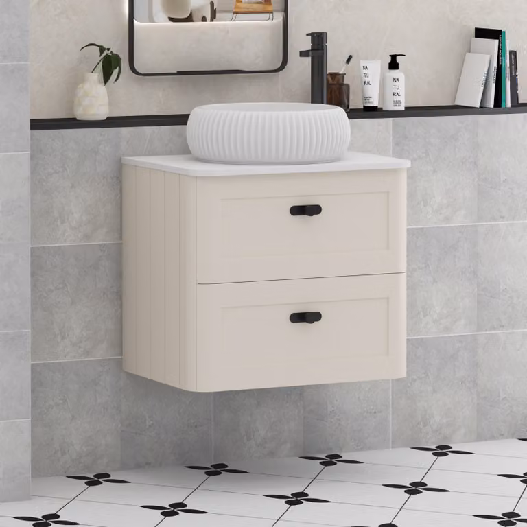 Royal Bathrooms Henley 600mm Wall Hung Vanity Unit in Mushroom Cashmere with 2 Drawers, Plain White Worktop, Milan Basin and Matt Black Knob
